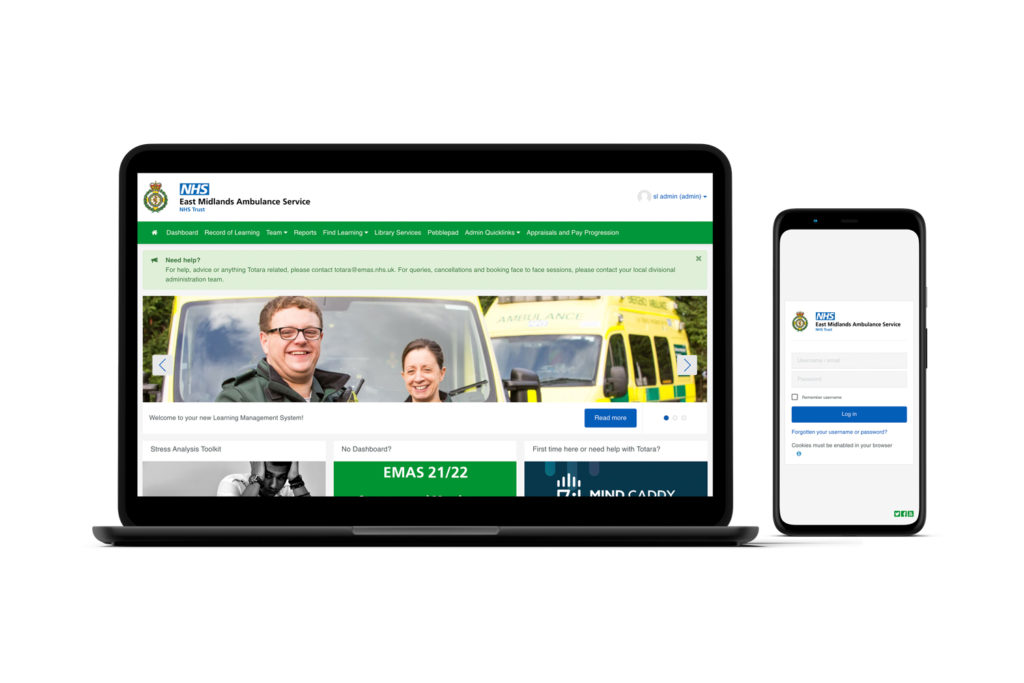 east midlands ambulance service lms example mockups on laptop and mobile