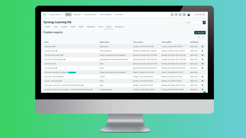 Synergy Learning LMS reporting function on desktop device
