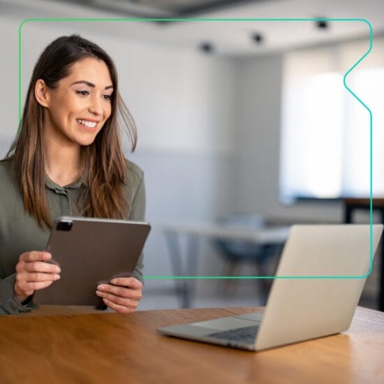 Female employee takes elearning courses provided by Synergy Learning