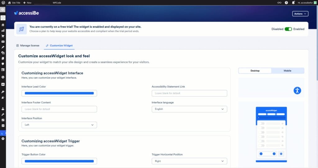 Bildschirmfoto, das den Installationsprozess des Widgets für Barrierefreiheit für Ihre LMS-Plattform zeigt