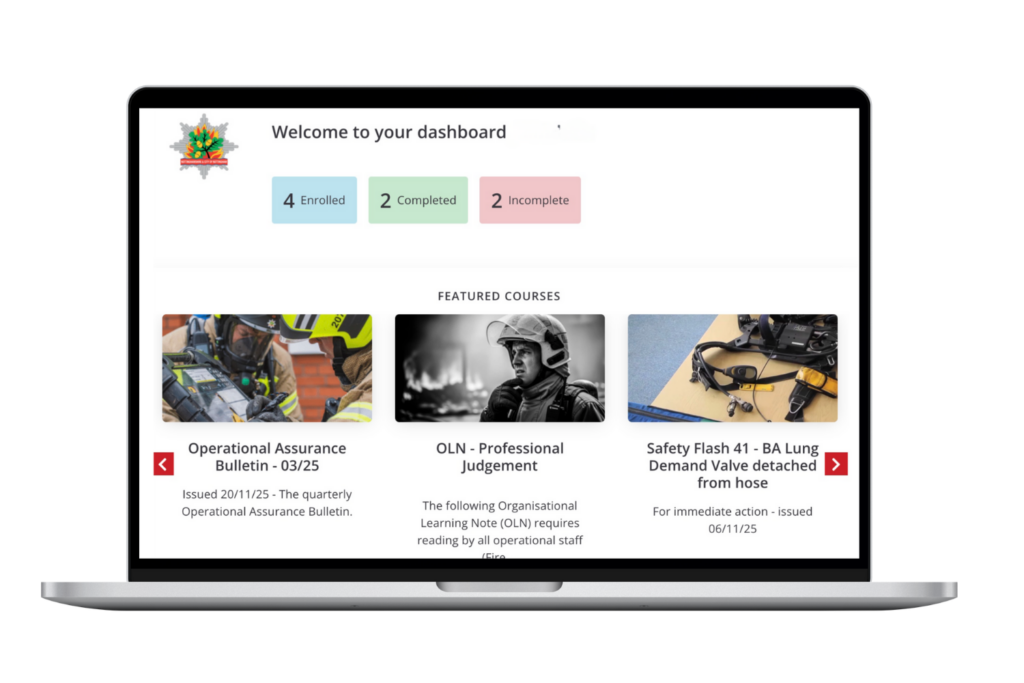 LMS dashboard by Synergy Learning Nottinghamshire Fire and Rescue Services