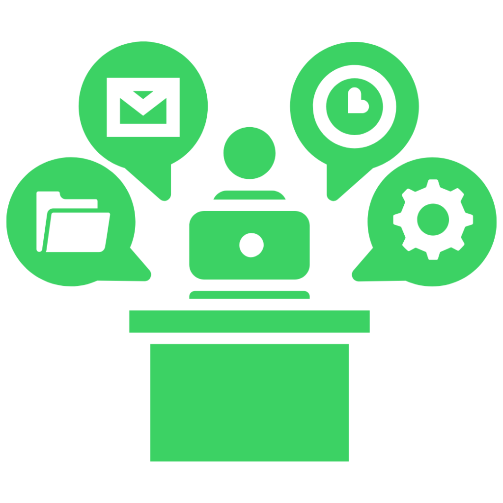 administrative burden icon of a person on a laptop doing a variety of tasks - synergy learning