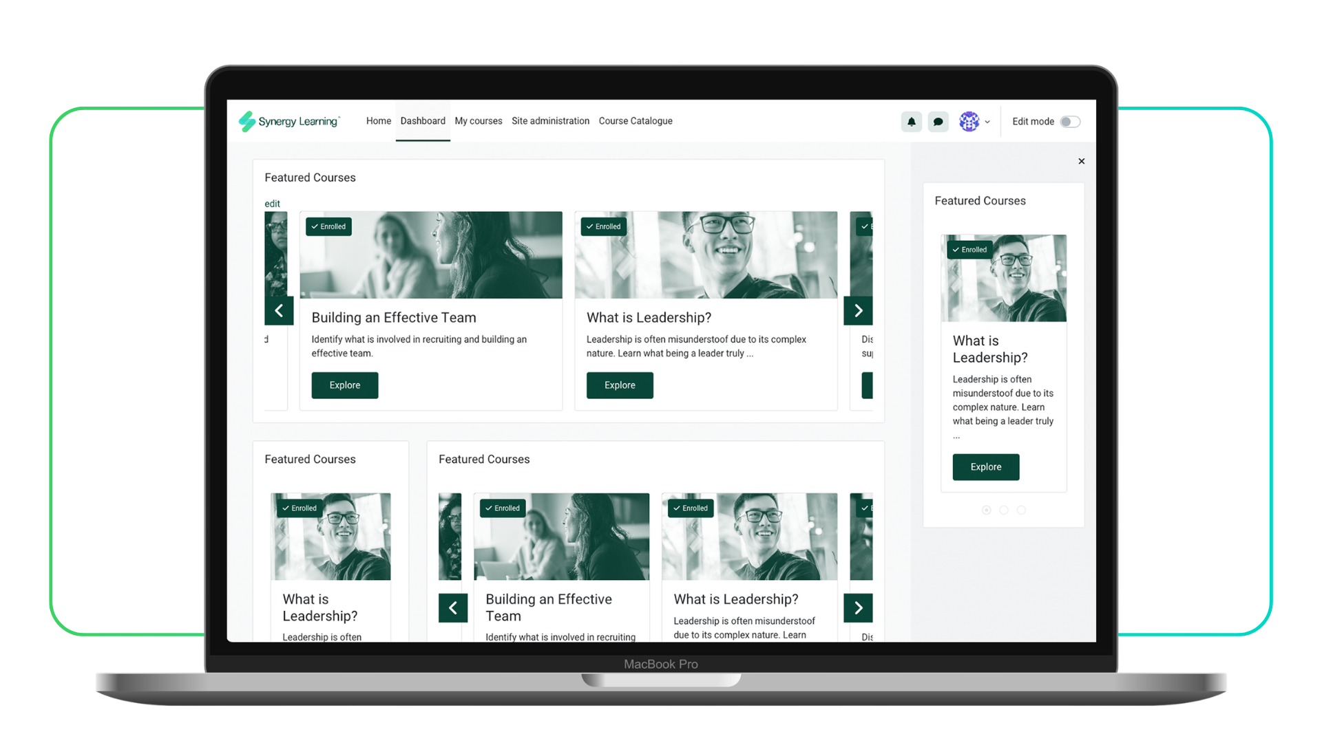 Spark Dashboard mit den vorgestellten Kursen der benutzerdefinierten Themen von Synergy Learnings