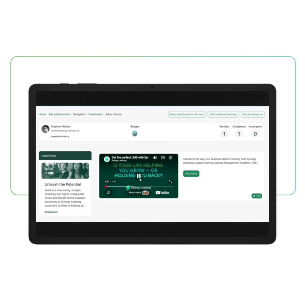 Vorgestelltes Video auf einer LMS-Plattform unter Verwendung des Themes „ Synergy Learning “spark