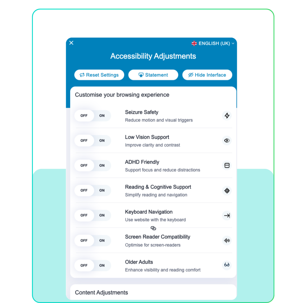 AccessWidget by accessiBe accessibility adjustment options - Synergy Learning