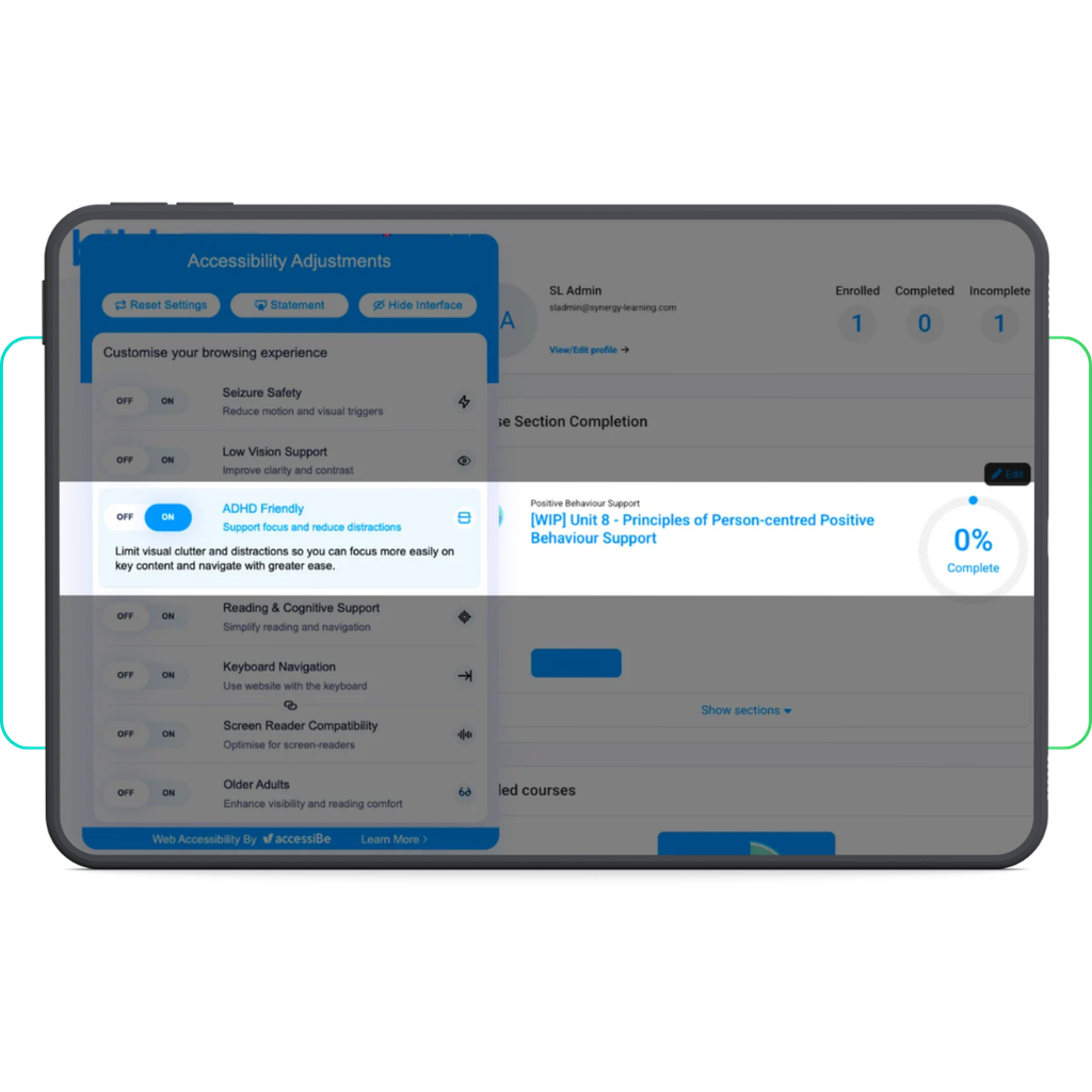 AccessWidget by accessiBe accessibility adjustment options showing the ADHD focus bar feature - Synergy Learning